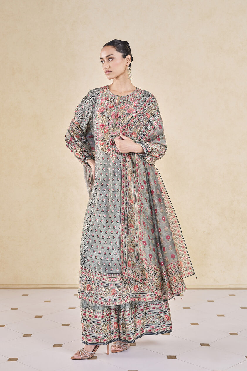 Demoiselle Printed Sequin Silk Suit Set - Sage, Sage, image 1